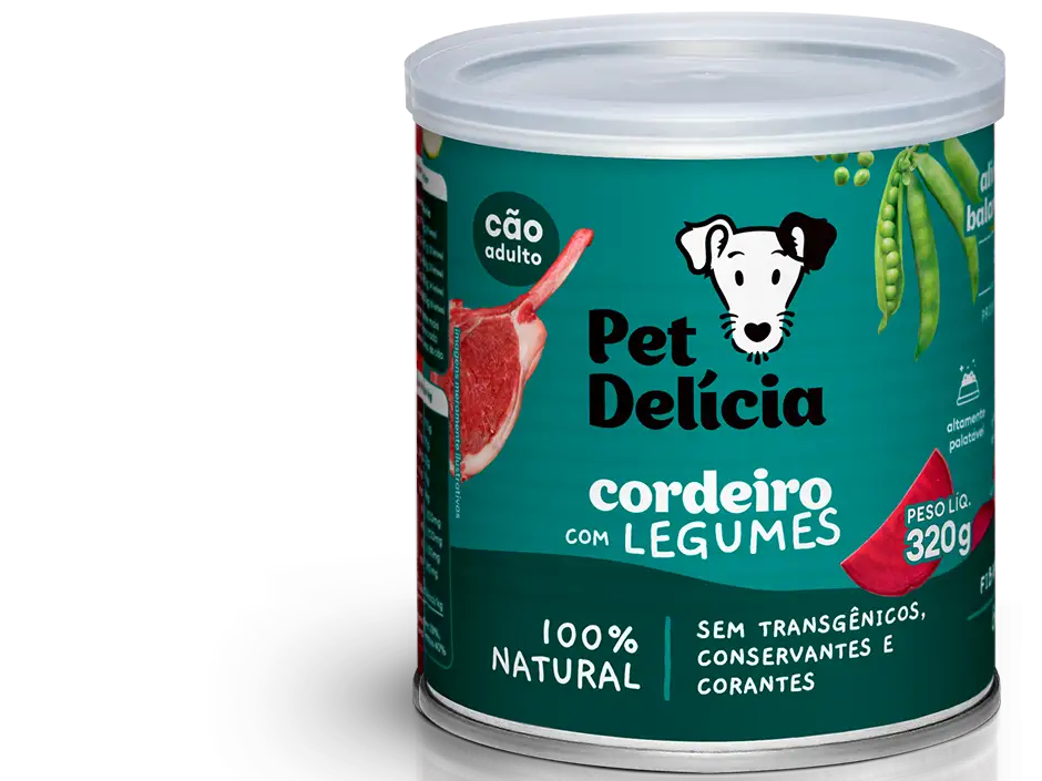 Pet Delícia Cordeiro com Legumes – alimento natural úmido para cães.