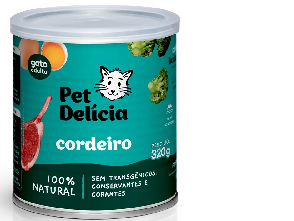 Pet Delícia Cordeiro – alimento natural úmido para gatos.