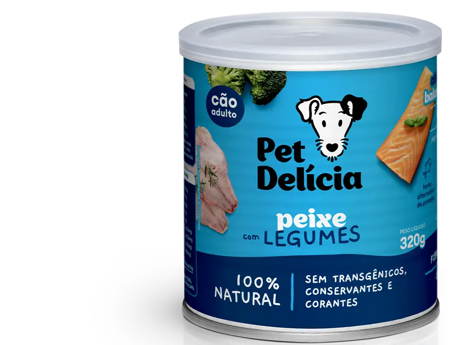 Pet Delícia Peixe com Legumes – alimento natural úmido para cães.
